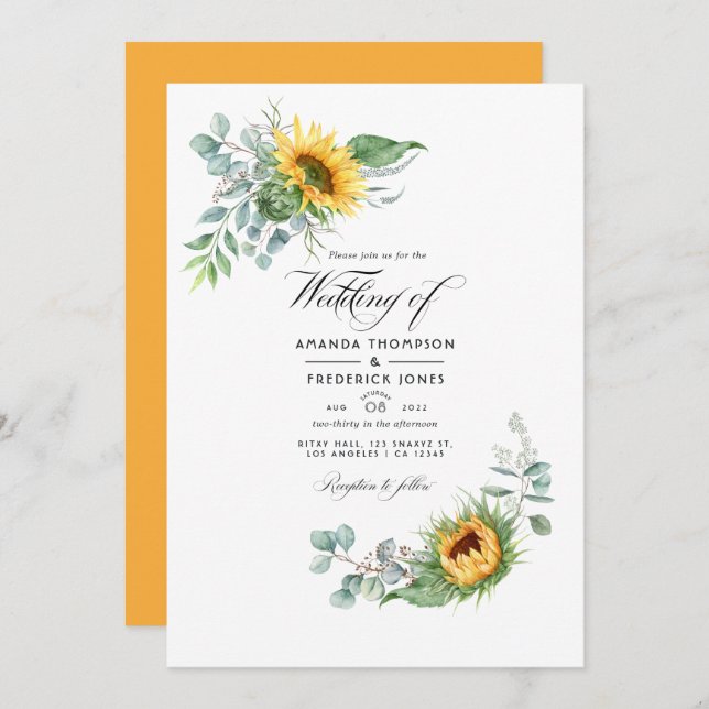 Convites Boho Sunflower Eucalyptus - Foto de Casamento (Frente/Verso)