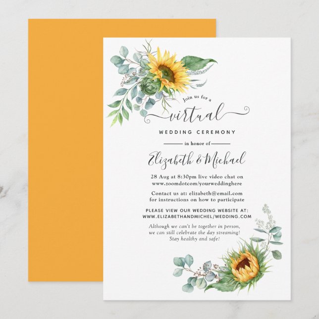 Convites Boho Sunflower Eucalyptus Online Casamento Virtual (Frente/Verso)