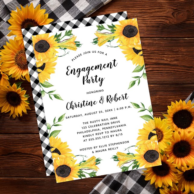 Convites Boho Sunflower Floral | Festa de noivado Verde Em (Sunflowers and Black and White Checks Engagement Party Invitation - Print | Digital Download)