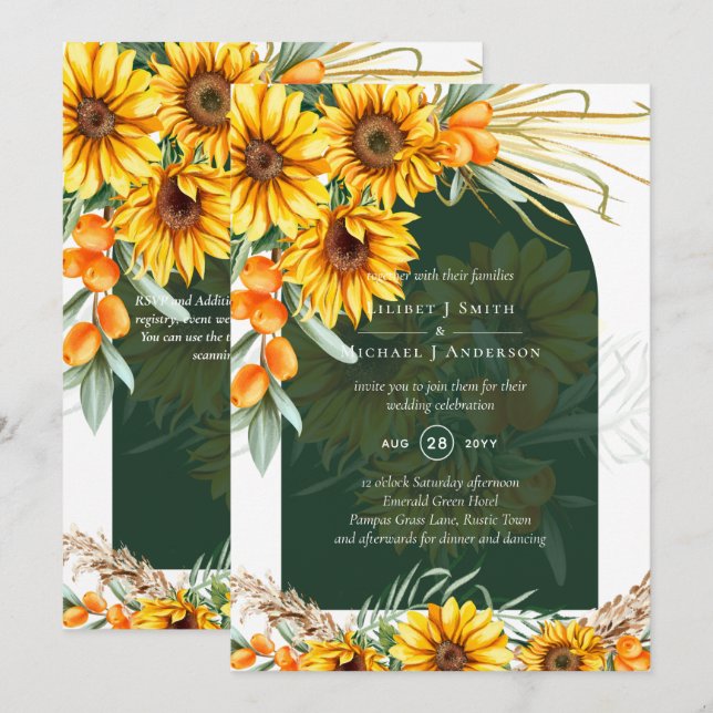 Convites BoHO Sunflower Pampas Grass Casamento Verde Esmera (Frente/Verso)