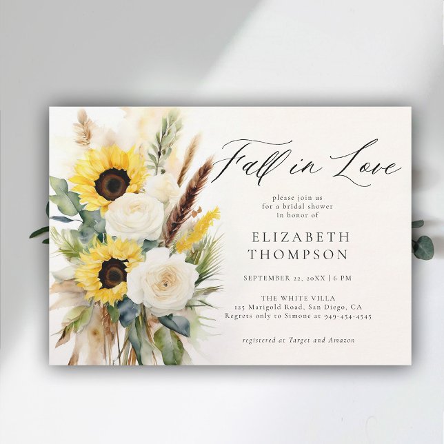 Convites Boho Sunflower Rosa Pampas Chá de panela Russo (fall in love bridal shower invitation sunflower boho pampas terracotta watercolor elegant modern )