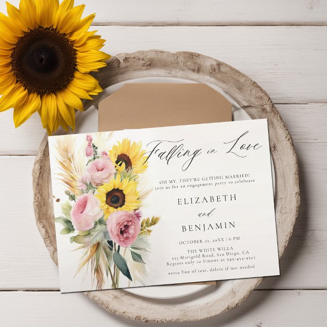 Convites Boho Sunflower Rosa Peony Pampas Festa de noivado (fall engagement party invitation rustic sunflower rose peony boho pampas dry grass watercolor chic)