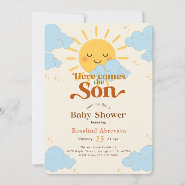 Convites Boho Sunshine Aqui Vem o Sol Chã de Bebê Retro (Frente)
