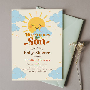 Convites Boho Sunshine Aqui Vem o Sol Chã de Bebê Retro