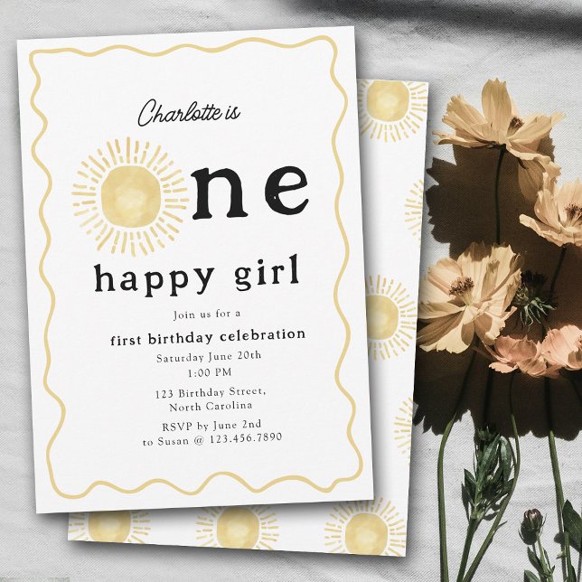 Convites Boho Sunshine Primeiro Aniversário Um Feliz Retro (Boho Sunshine First Birthday One Happy Girl Retro Invitation)