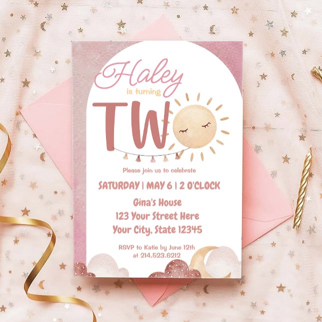 Convites Boho Sunshine - segundo aniversário Party Watercol (Criador carregado)