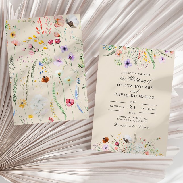 Convites Boho Taupe Wildflower Meadow Wedding (Boho Taupe Wildflower Meadow Wedding Invitation on a sunny neutral dry palm leaf.)