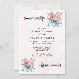 Convites Boho Teal & Pink Peony Flowers Arrows Casamento
