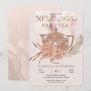 Convites Boho Teapot Hydrangeas Pampas 50ª Festa de anivers
