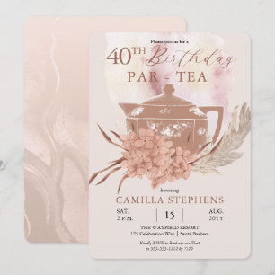 Convites Boho Teapot Hydrangeas Pampas aniversário de 40 a