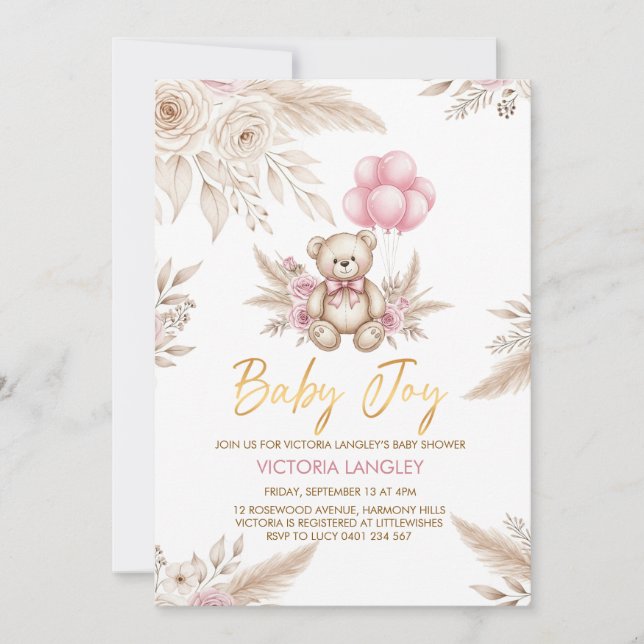 Convites Boho Teddy Bear Baby Shower Invitation (Frente)