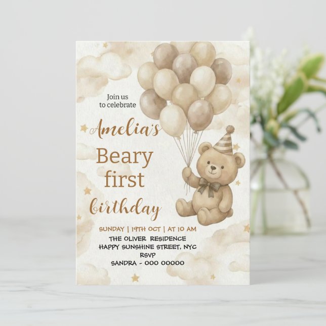 Convites Boho Teddy Bear Beary First 1st Birthday Party (Em pé/Frente)
