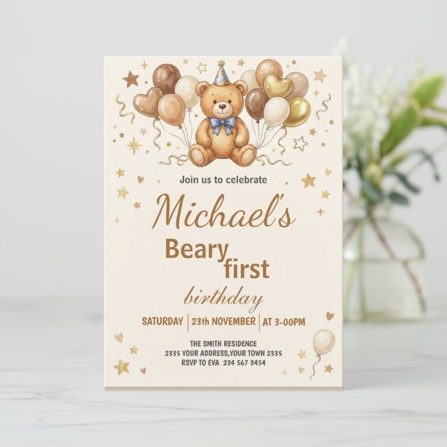 Convites Boho Teddy Bear Beary First 1st Birthday Party (Em pé/Frente)