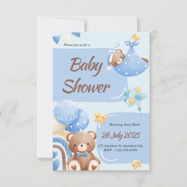 Convites Boho Teddy Bear Boy Blue Baby Shower Invitation (Frente)