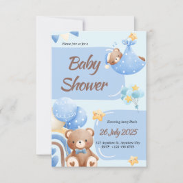 Convites Boho Teddy Bear Boy Blue Baby Shower Invitation