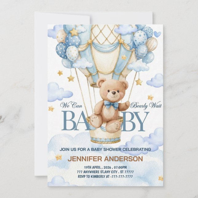 Convites Boho Teddy Bear Boy Blue Bearly Wait Baby Shower (Frente)