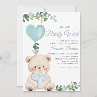 Convites Boho Teddy Bear Boy Blue Bearly Wait Baby Shower