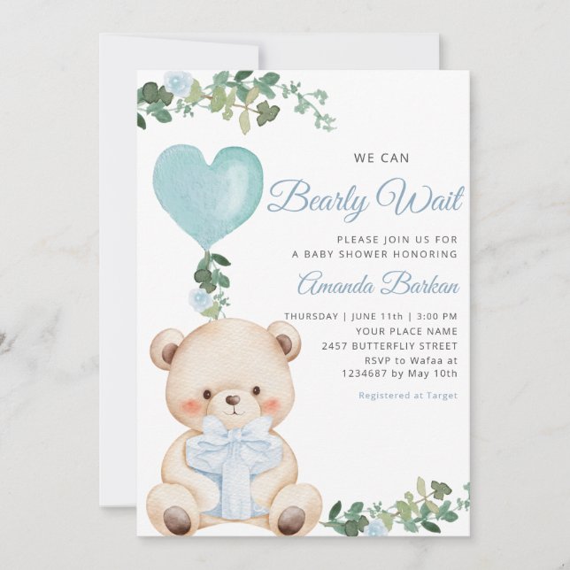 Convites Boho Teddy Bear Boy Blue Bearly Wait Baby Shower  (Frente)