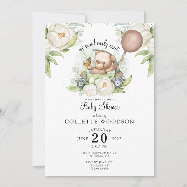 Convites Boho Teddy Bear Brown Sage Green Barly Espera (Frente)