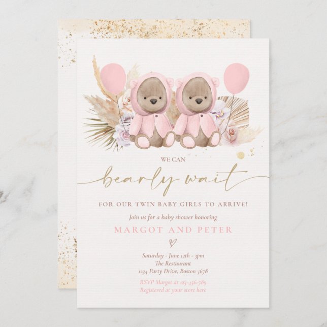 Convites Boho Teddy Bear Gêmeas Bearmente Chá de fraldas de (Frente/Verso)