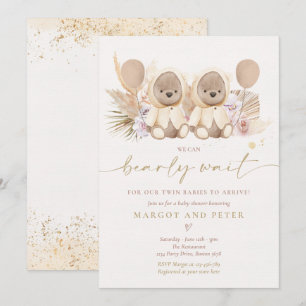 Convites Boho Teddy Bear Gênero Chá de fraldas Gêmeo Neu