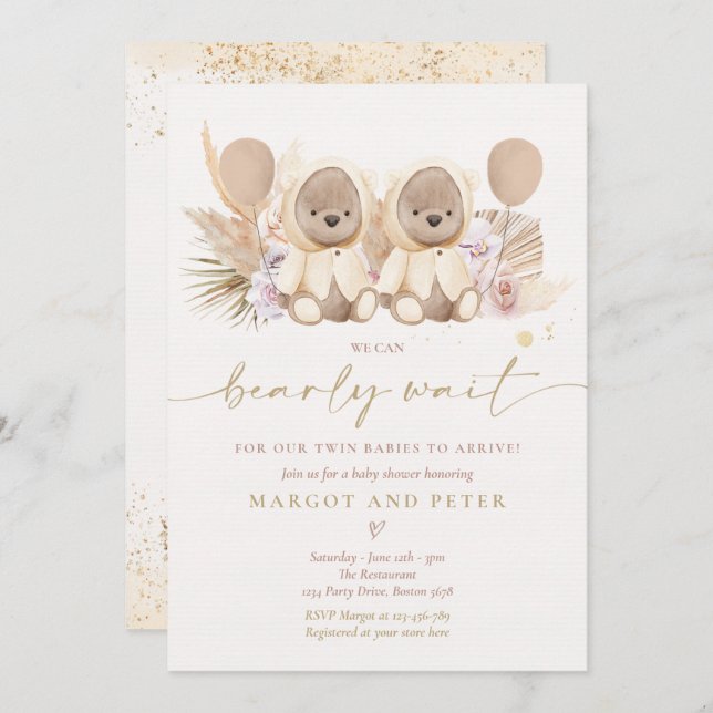 Convites Boho Teddy Bear Gênero Chá de fraldas Gêmeo Neutro (Frente/Verso)