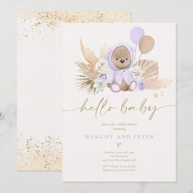 Convites Boho Teddy Bear Girl Lilac Bprecoce Chá de fraldas (Frente/Verso)