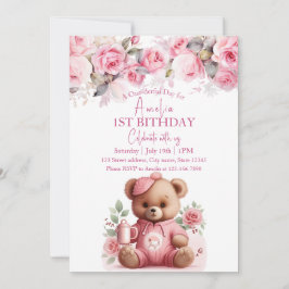 Convites Boho Teddy Bear Girl Pink Bear Floral Aniversário