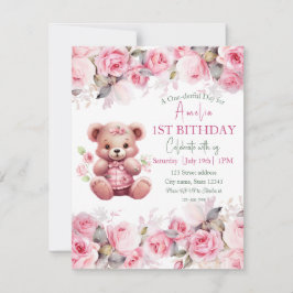Convites Boho Teddy Bear Girl Pink Bear Floral Birthday