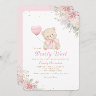 Convites Boho Teddy Bear Girl Pink Bearly Wait Baby Shower