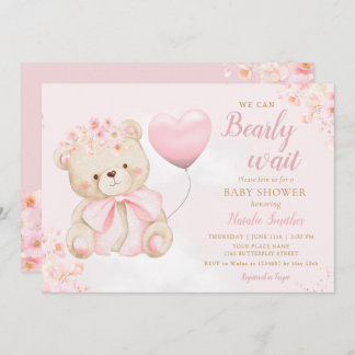 Convites Boho Teddy Bear Girl Pink Bearly Wait Baby Shower