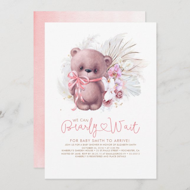 Convites Boho Teddy Bear Pink Barly Wait Girl Chá de fralda (Frente/Verso)