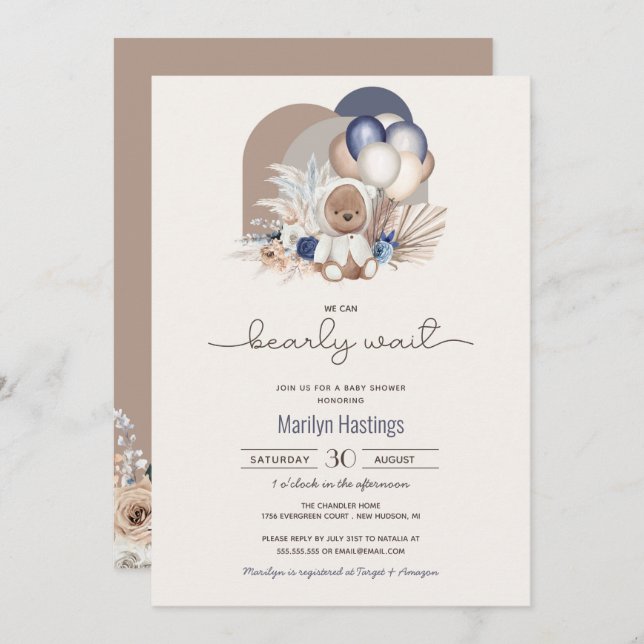 Convites Boho Teddy Bear, Podemos Brindar Esperar - Chá de  (Frente/Verso)