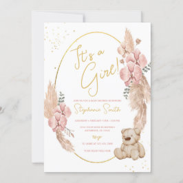 Convites Boho Teddy Bear Rosa e Chá de fraldas Dourado