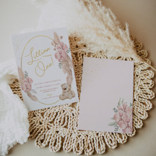 Convites Boho Teddy Bear Rosa e Dourado Aniversário