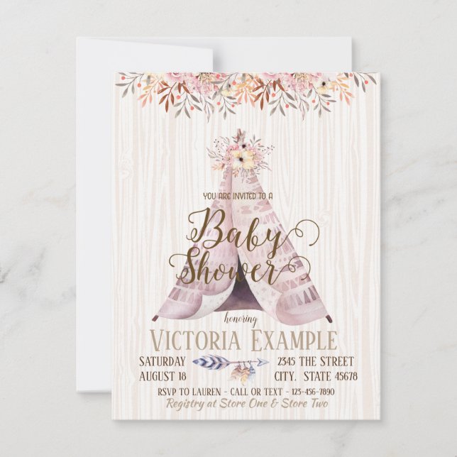 Convites Boho TeePee Baby Shower (Frente)