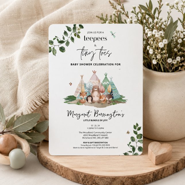Convites Boho Teepees e Tiny Toes Chã de Bebê Florestal (Boho Woodland Baby Shower Invitation)