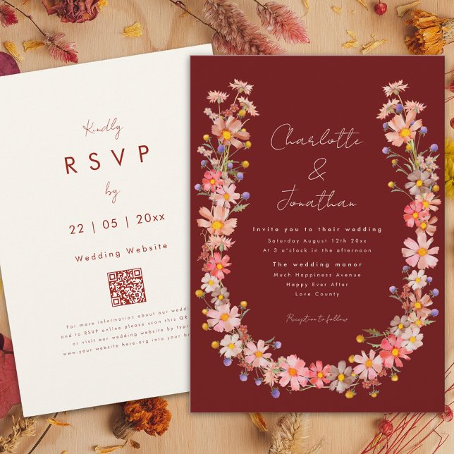 Convites Boho Terracota de Flores Silvestres Casamento de O (Wildflower Dried flower wreath terracotta fall wedding invitation )
