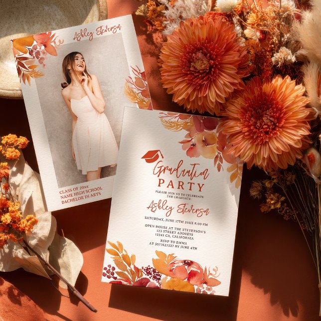 Convites Boho Terracota Floral Script de Formatura Foto (Boho Terracotta Floral Graduation Script Photo Invitation)