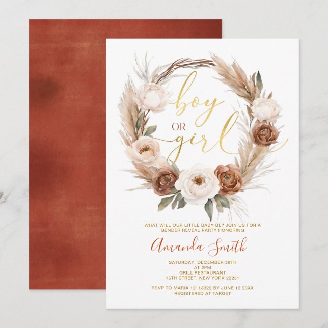 Convites Boho Terracota Flores Menino ou Revolução de Gêner (Frente/Verso)