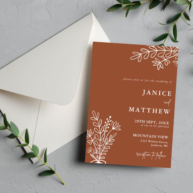 Convites Boho Terracota Laranja Queimado Casamento Rústico (Boho terracotta wedding invitation sets the tone for your day with warm rustic charm.)