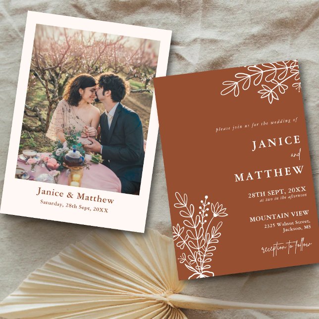 Convites Boho Terracota Laranja Queimado Rústico Casamento  (Boho terracotta photo wedding invitation showcases your love with warm rustic charm.)