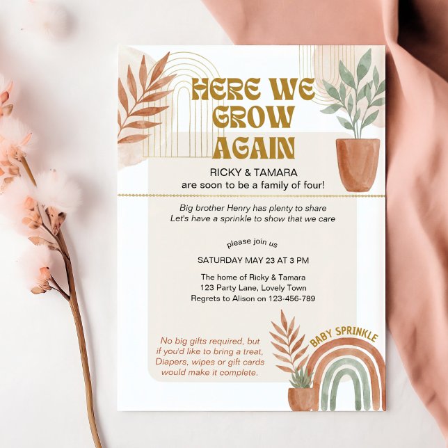 Convites Boho Terracotta Aqui Crescemos Novamente Baby Spri (Boho gender neutral baby sprinkle invitation by Darling & May)