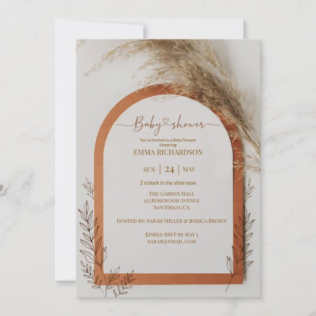 Convites Boho Terracotta Arch Pampas Grass Baby Shower (Frente)