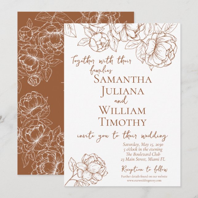 Convites Boho Terracotta Botânica Floral Moderna Casamento (Frente/Verso)