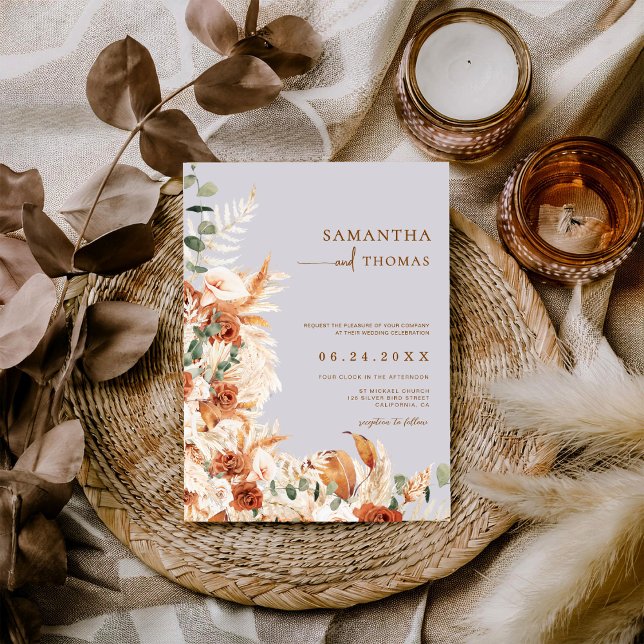 Convites Boho Terracotta Botanical Pampas Photo Wedding (Criador carregado)