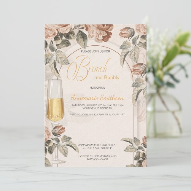 Convites Boho Terracotta Brunch Bubbly Chá de Noiva | (Em pé/Frente)