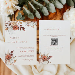 Convites Boho Terracotta Código QR 2 em 1 Casamento