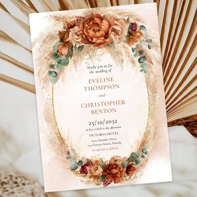 Convites Boho Terracotta e flores burgundy ervas-pampas (Trendy terracotta copper and burgundy flowers mixed eucalyptus greenery wedding invitation)