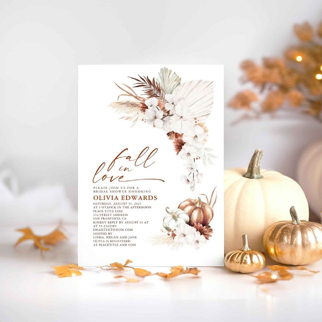 Convites Boho Terracotta Fall in Love Chá de panela (Fall in Love Gold Pumpkins and White Orchids Bridal Shower Invitations)